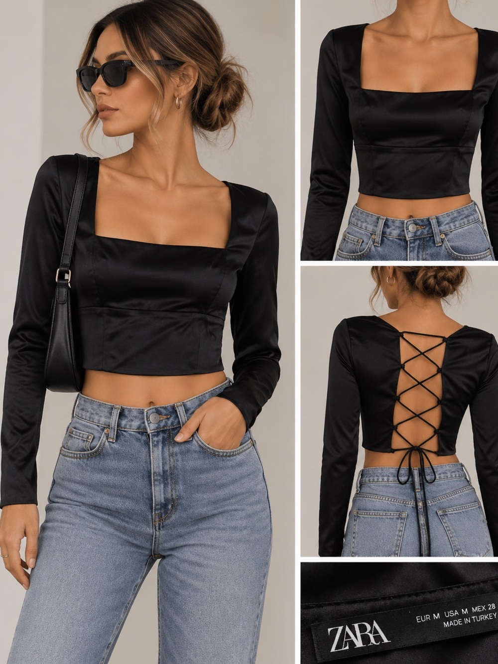 ZARA Black Satin Square Neck Lace Up Back Crop Top Size Medium